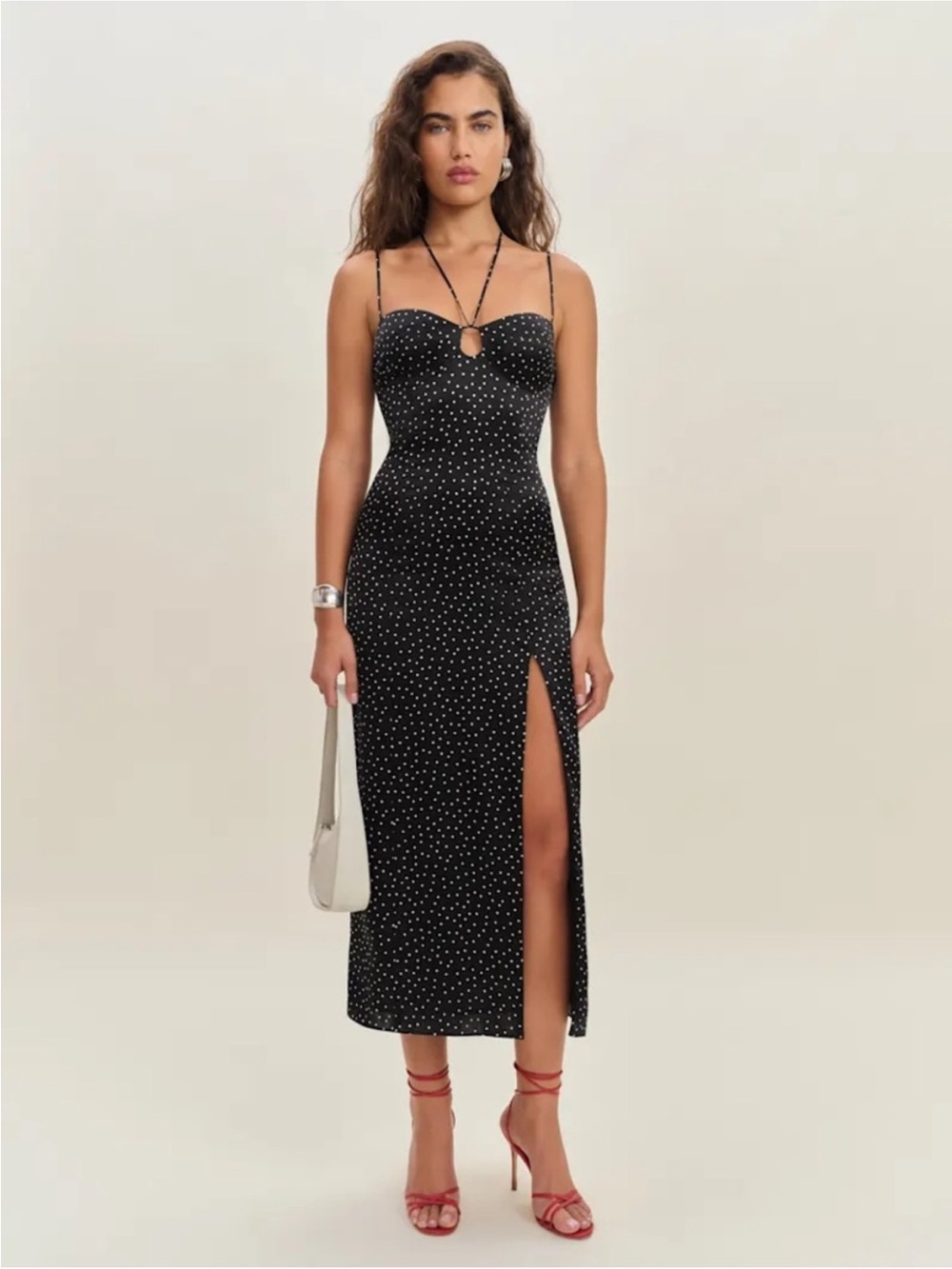 NWT Reformation Sophie Black Polka Dot Silk Midi Dress